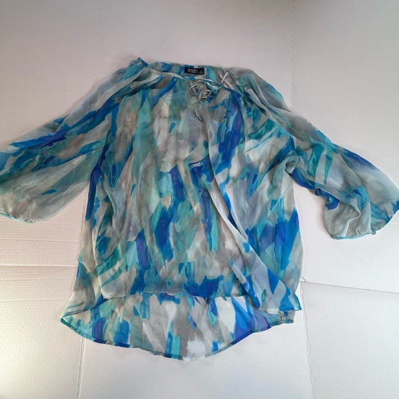 ANA A New Approach Sheer Abstract Blue Peasant Blouse 2X Tie Neck - Picture 5 of 10